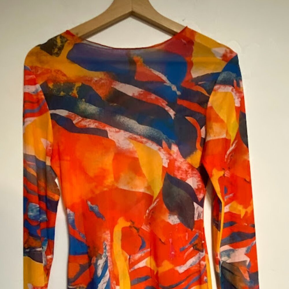 Abstract Print Mesh Long Sleeve Bodycon Midi Dress - Size M - Picture 8 of 9